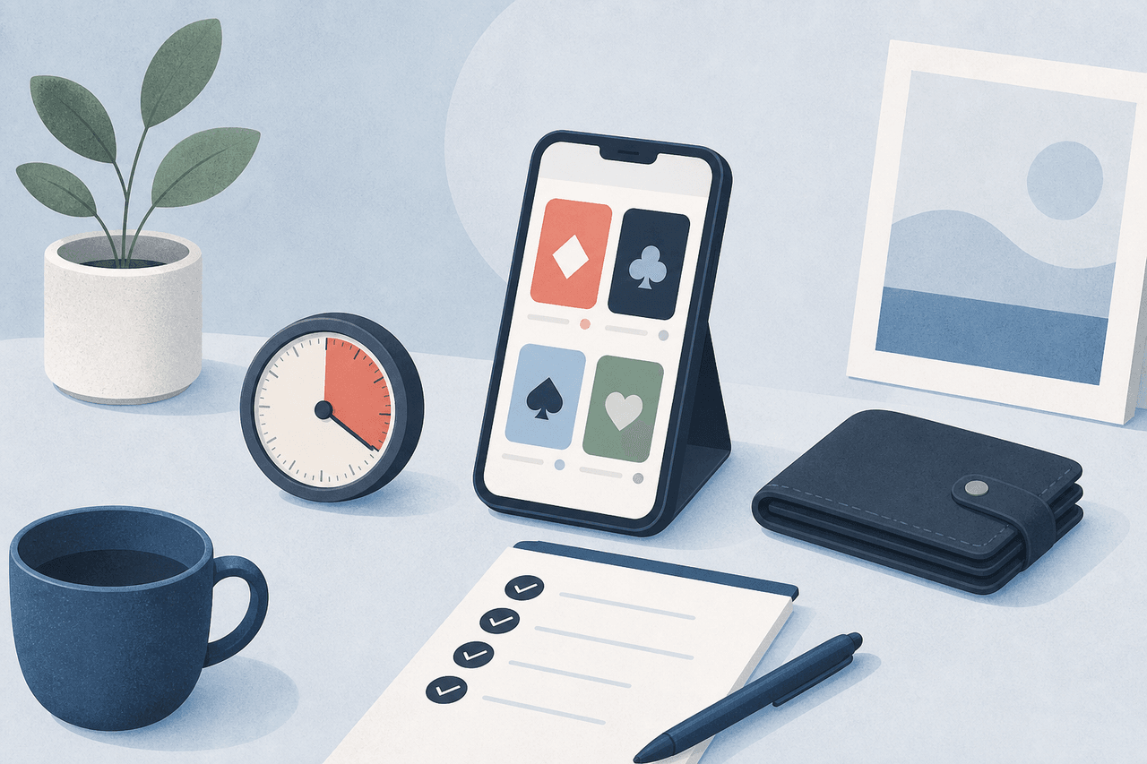 Timer, checklist and wallet representing responsible social play